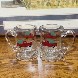 Libbey Christmas Red Truck Pedestal glass mugs 15oz